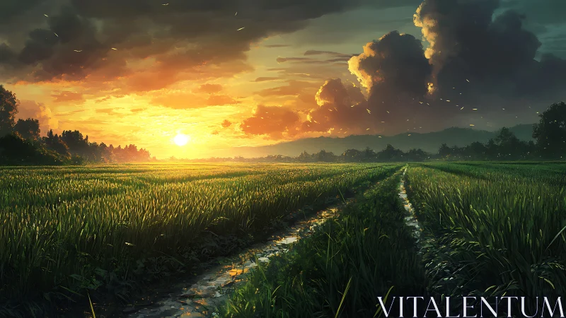 Digital painting sunset over irrigated pastoral rice fields.