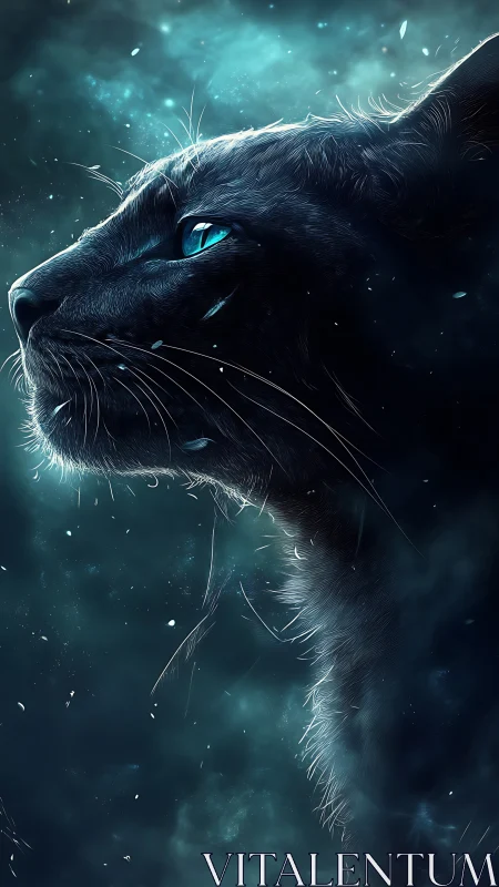 Black Cat with Luminescent Blue Eyes in Ethereal Cosmic Energy