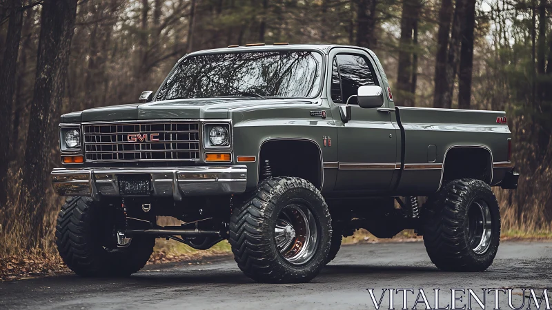 Lifted classic GMC truck stands bold on a quiet forest road