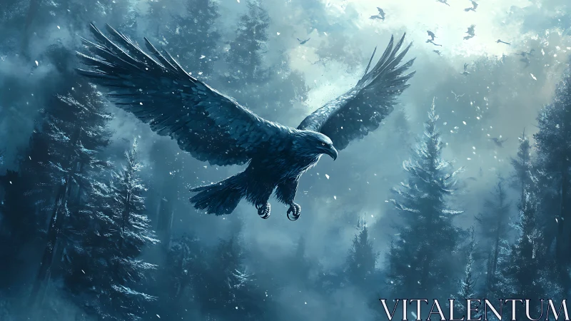 Majestic Eagle Soaring Over Snowy Forest in Mystical Art Style.