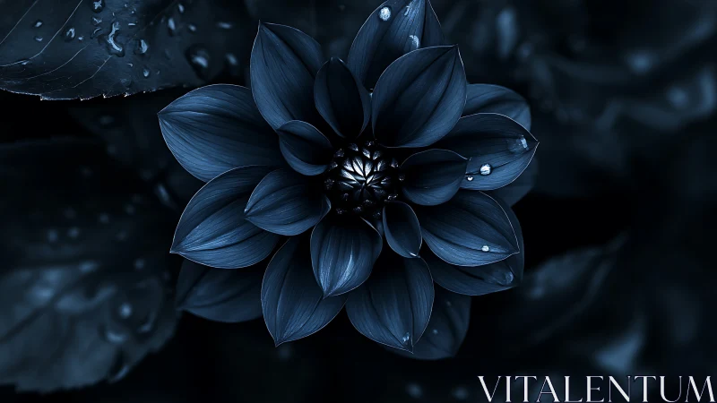 Blue dahlia flower with water droplets against dark background.