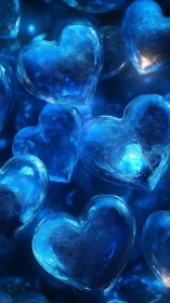 Luminescent Crystal Hearts in Deep Blue Digital Environment.