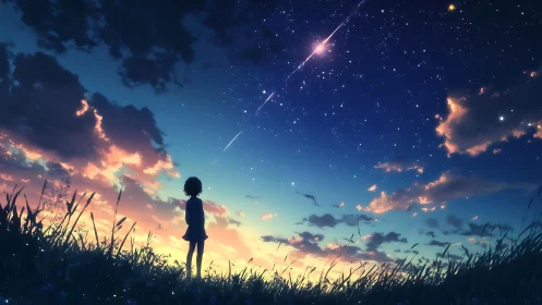 Silhouetted child viewing starry twilight sky and meteors.