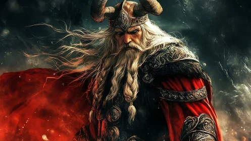 Armored Viking warlord framed by dynamic fiery cape motion