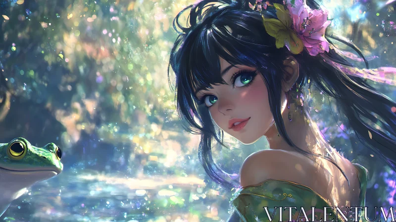 Digital portrait shows young woman and frog in luminous forest