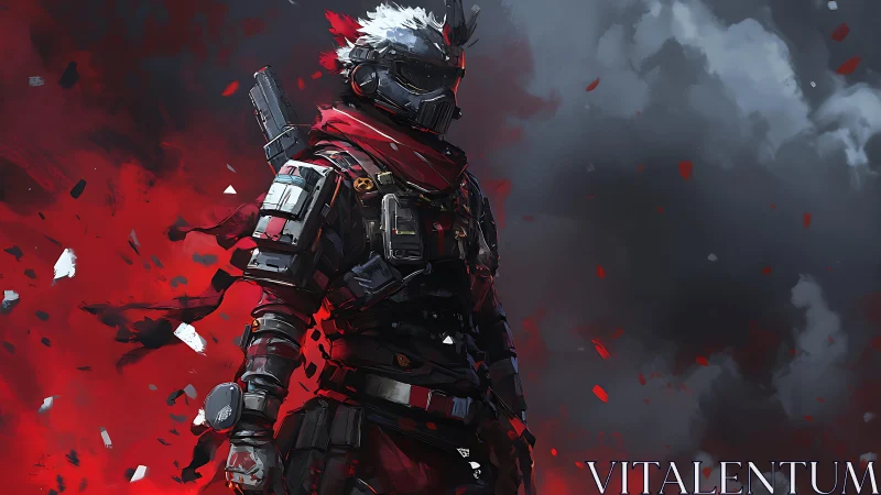 Armored futuristic soldier in red scarf amid smoke and debris.