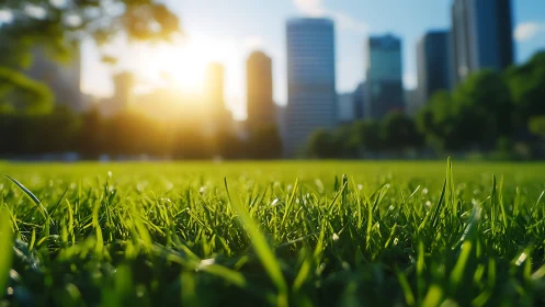 Low-angle city park grass glows under strong sunrise backlight
