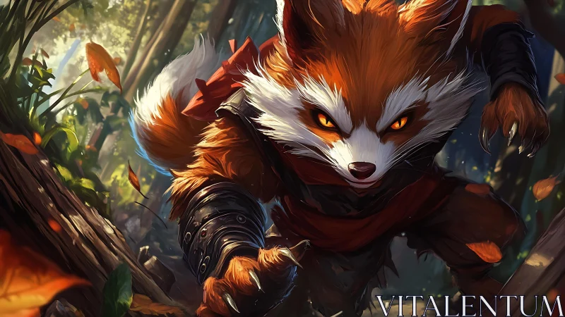 Warrior fox assassin lunges through sunlit forest ambush.