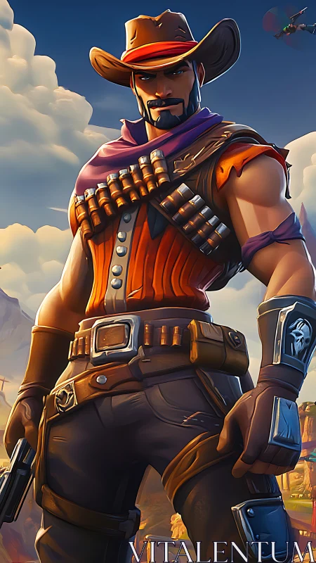 Stylized gunslinger stands ready under vibrant desert sky.