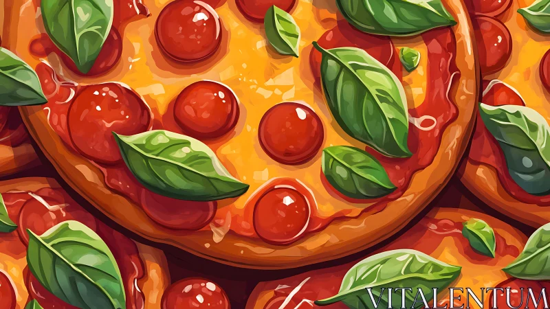 Pepperoni basil pizzas rendered in bold digital illustration.