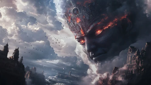 Colossal carved head in storm clouds over coastal cityscape.