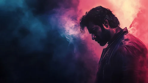 Moody profile portrait against neon blue and pink haze.