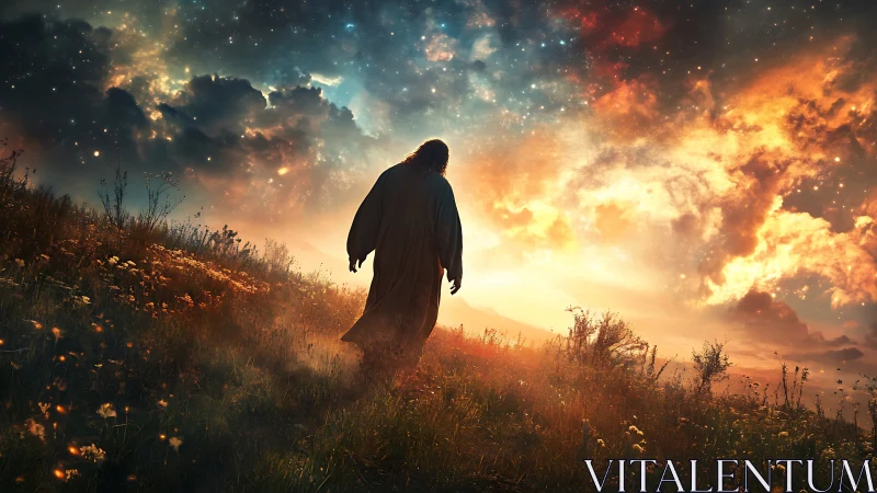Robed figure walks uphill beneath dense starfield and clouds