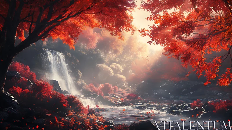 Crimson forest waterfall glows through soft autumn sunlight.