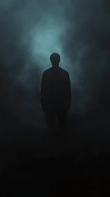 Solitary silhouette stands in dense blue atmospheric fog