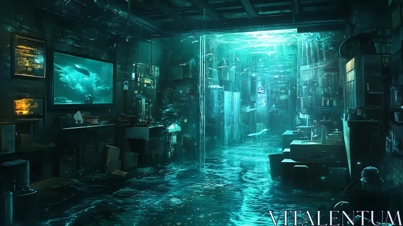 Cyberpunk submerged lab interior with luminous aquatic corridor.