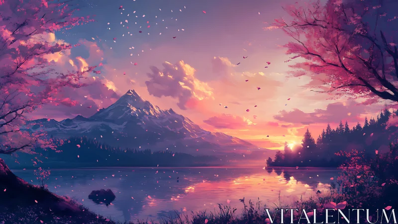 Blossom-kissed mountain sunset over a mirrored dream lake.