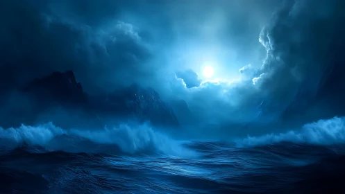 Moonlit tempest over dark ocean waves under storm clouds