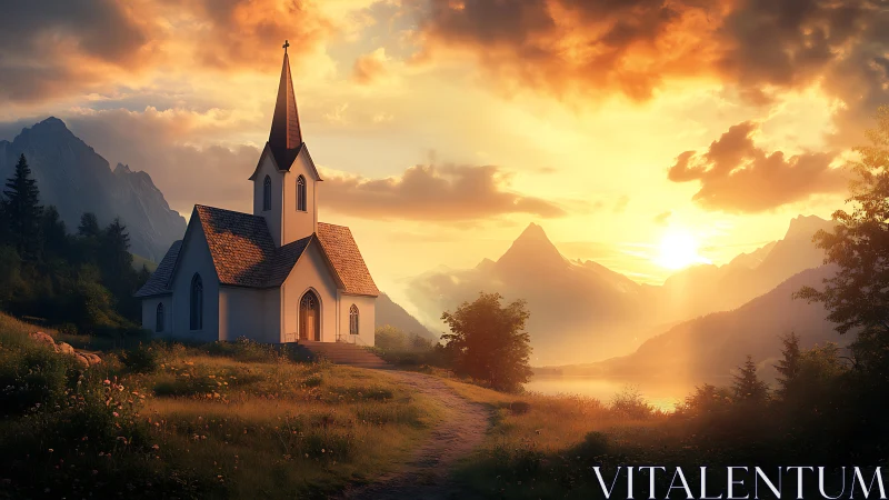 Sunlit mountain chapel rests in a tranquil golden valley
