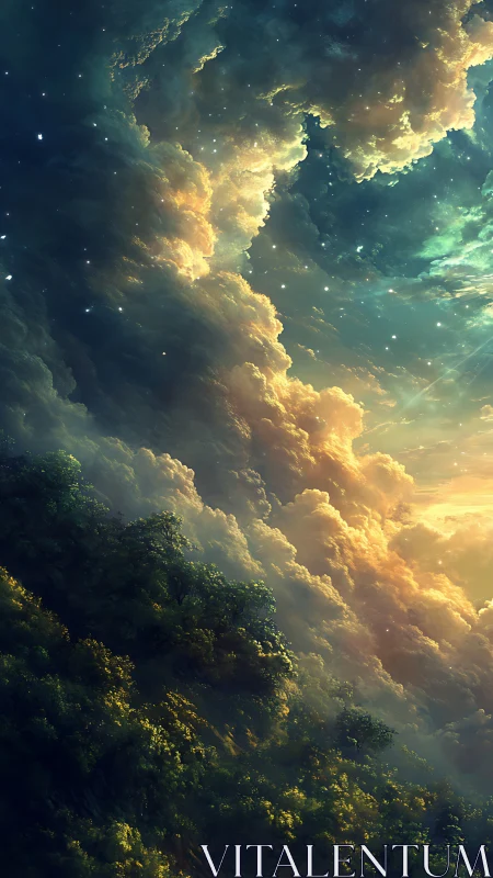 Sunlit storm clouds rise above a dreaming forest valley