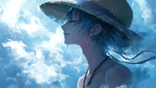 Sky-drenched daydreamer leans into the bright blue hush