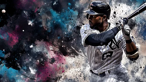 Dynamic baseball batter in splatter-textured digital painting.
