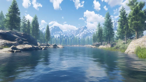 Snowcapped mountains above reflective alpine river vista.