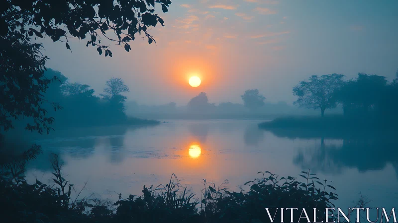Soft morning sun rises gently over a misty lakeside