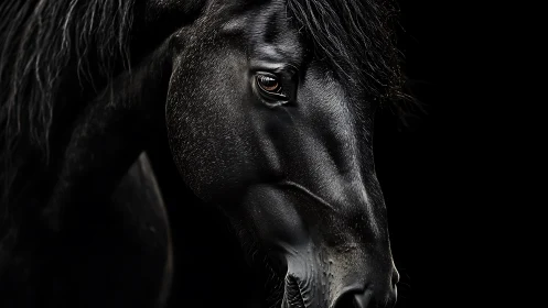 Midnight black horse gazes softly from the gentle shadows
