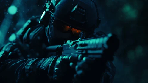 Night patrol soldier steadies aim under moody blue light