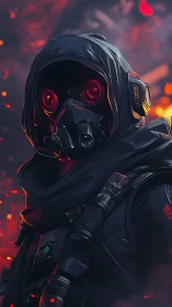 Hooded gas mask soldier stands amid glowing embers at dusk.