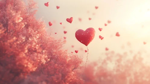Floating Heart Balloons in Ethereal Pink Landscape.