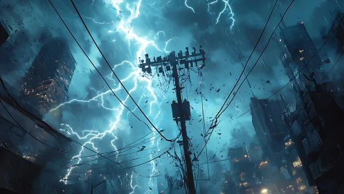 Urban electrical storm over dense city skyline at night.