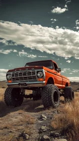 Lifted orange classic pickup truck on rugged desert trail.
