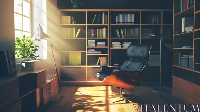 Modern reading chair in sunlit home library interior.