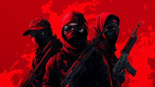 Three masked armed figures stand aligned against red backdrop