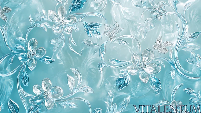 Glass-like floral ornaments overlay translucent aqua background