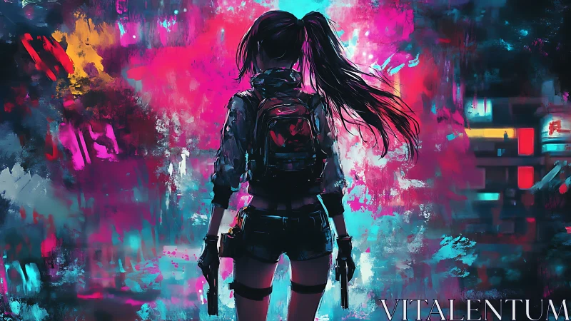 Neon dusk outlaw girl strides through glitch-bright alleyways.