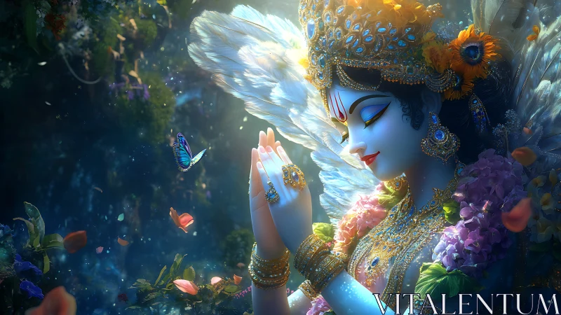 Divine winged deity in jeweled prayer amid glowing garden