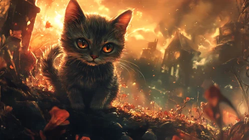 Black cat with glowing orange eyes surrounded by burning rubble and flames.