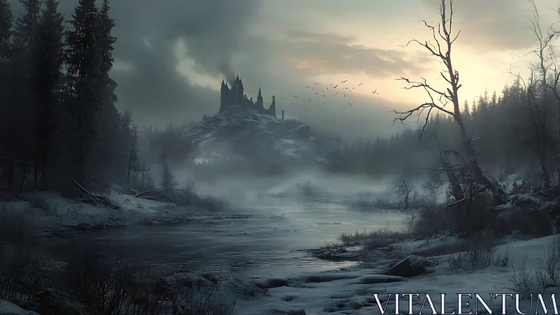 Lonely hilltop castle overlooks a frozen, misty river valley.