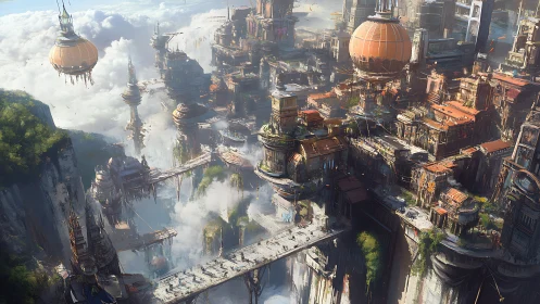 Sky-bridged cliff metropolis drifting above sunlit clouds.