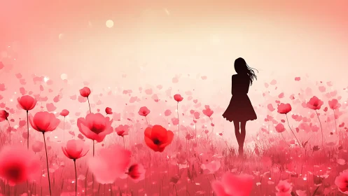 Silhouette drifts through a dream of windblown scarlet poppies