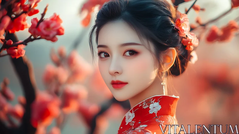 Gentle gaze meets spring blossoms in a soft, dreamlike portrait