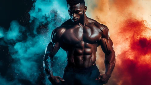 Muscular athlete stands against dual blue and orange smoke