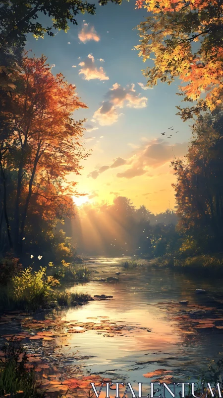 Golden autumn sun streams over a tranquil forest river