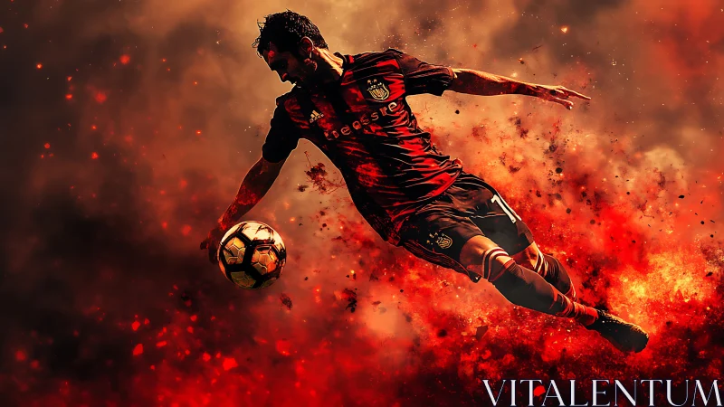 Dynamic soccer player dives through fiery explosive nebula.