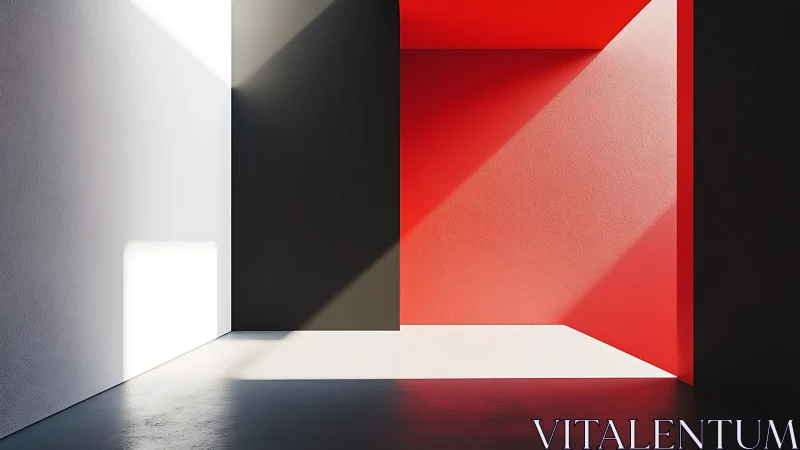 Minimalist Interior Space with Red Wall and Dramatic Light