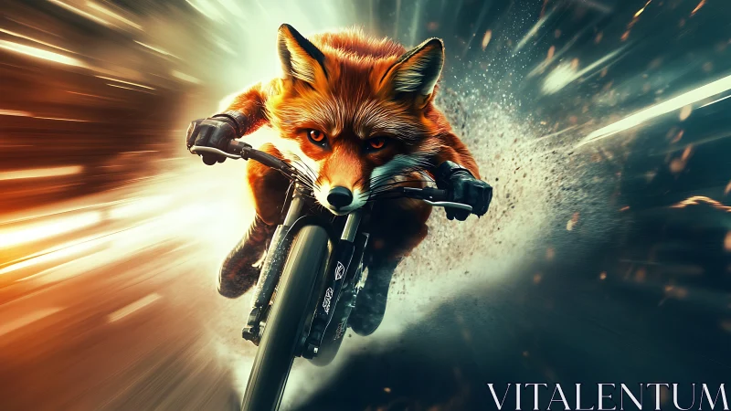 High-speed anthropomorphic fox sprinting on mountain bike