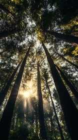 Zenithward redwood canopy with solar diffraction burst dynamics.